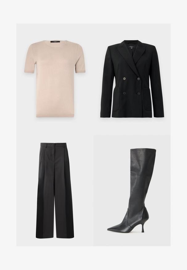 Black double-breasted blazer made of structured fabric, featuring notch lapels, two front pockets, and four black buttons.; Beige short-sleeve knit top with a round neckline, featuring a smooth texture and ribbed hem. Simple, classic design ideal for layering.; Black wide-leg trousers with a high waist, featuring front pleats, a smooth texture, and a tailored finish. Designed for a relaxed fit.; Knee-high black leather boots with a pointed toe and a slim stiletto heel. Smooth texture with a fitted design and stitching at the top edge.