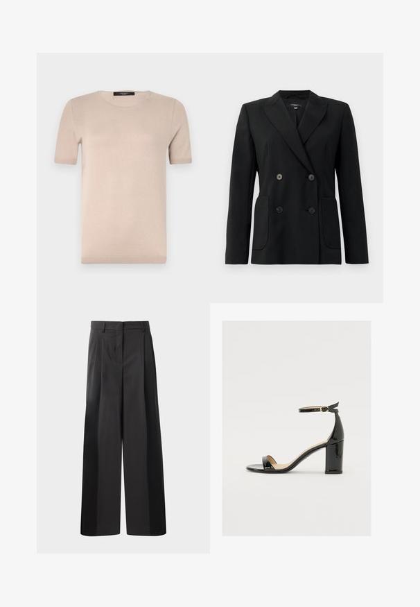 Black double-breasted blazer made of structured fabric, featuring notch lapels, two front pockets, and four black buttons.; Beige short-sleeve knit top with a round neckline, featuring a smooth texture and ribbed hem. Simple, classic design ideal for layering.; Black wide-leg trousers with a high waist, featuring front pleats, a smooth texture, and a tailored finish. Designed for a relaxed fit.; Black patent leather sandal with a wide heel, open toe, and ankle strap featuring a gold buckle. Smooth texture and sleek design.
