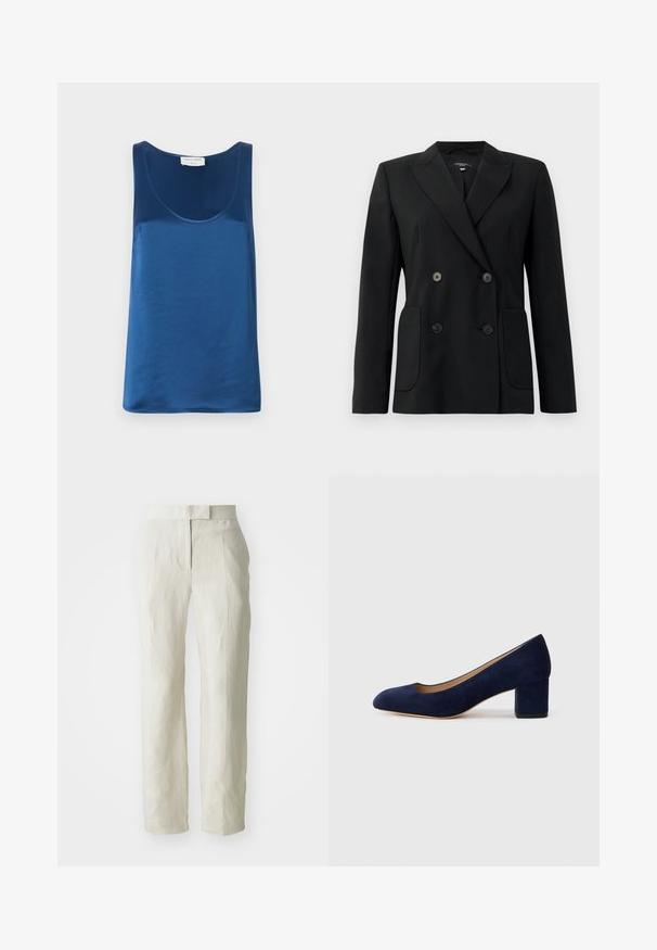Crni dvostruki sako od čvrstog materijala, s reverima, dva prednja džepa i četiri crna dugmeta.; Plava satenasta majica bez rukava s okruglim izrezom i širokim naramenicama, glatke teksture i opuštenog kroja.; Bijele lanene hlače s krojem koji pristaje, s ravnim prednjim dijelom i ravnim nogavicama. Glatka tekstura s blagim naborima.; Tamno plava suede salonka s šiljastim vrhom i blok petom srednje visine. Glatka tekstura s blagim sjajem i malim izrezom sprijeda.
