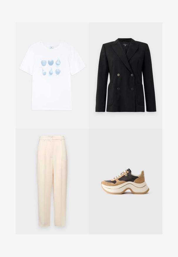 Black double-breasted blazer made of structured fabric, featuring notch lapels, two front pockets, and four black buttons.; White cotton t-shirt featuring a blue graphic of six fruit illustrations: three apples and three pears, varying in shape and size.; Beige tailored trousers with a straight fit, featuring pleats at the front, a smooth texture, and a mid-rise waist. No visible pockets.; Chunky sole sneaker in beige and dark brown with suede accents, white laces, and a small gold MK charm on the side.