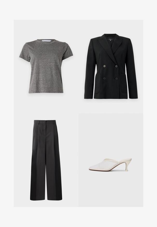Fekete, kétsoros zakó, amely strukturált anyagból készült, kihajtott gallérral, két elülső zsebbel és négy fekete gombbal rendelkezik.; Mother LIL GOODIE GOODIE TEE - Basic póló - grey; Fekete, bő szárú nadrág magas derékkal, elöl plissékkel, sima felülettel és igényes kidolgozással. Kényelmes viseletre tervezve.; Fehér hálós, hegyes orrú mules cipő, vékony, középmagas sarkával és slip-on kialakításával, egyszerű háttér előtt.