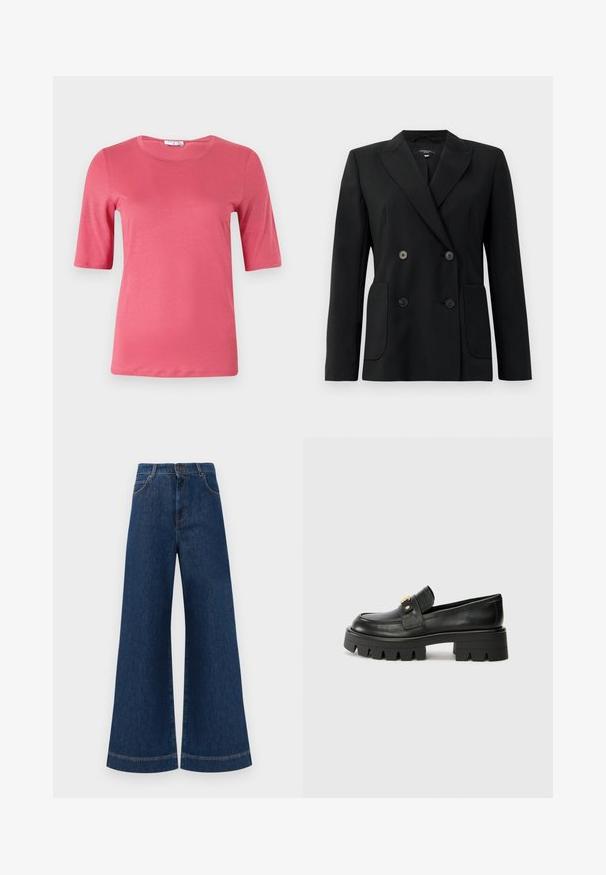 Black double-breasted blazer made of structured fabric, featuring notch lapels, two front pockets, and four black buttons.; Short-sleeve, round neck t-shirt in vibrant pink, made from soft fabric with a smooth texture, featuring a straight hem and minimal design.; Wide-leg blue denim jeans with a high waist, featuring a button closure, belt loops, and subtle stitching details along the pockets and hems.; Black leather loafers with a chunky sole, featuring a gold-tone accent on the front and a smooth finish. Chunky tread design on the sole.