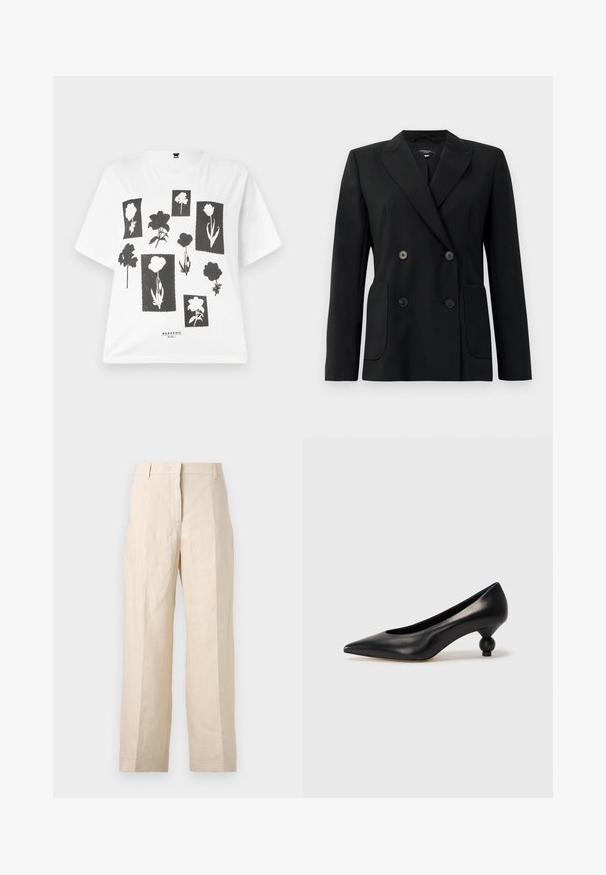 Schwarzer, doppelt gefütterter Blazer aus strukturiertem Stoff, mit Reverskragen, zwei Vordertaschen und vier schwarzen Knöpfen.; Weißes T-Shirt mit kurzen Ärmeln, das ein schwarzes florales Druckdesign mit verschiedenen Blumensilhouetten auf rechteckigen Hintergründen zeigt. Der Text am unteren Rand lautet "WOCHENENDE."; Beige Leinenhosen mit einer lockeren Passform, gefältelter Vorderseite und geraden Beinen. Besitzt einen Bund mit Gürtelschlaufen und keine sichtbaren Taschen.; Schwarze Leder-Pumps mit spitzem Zehenbereich und runder, ballförmiger Ferse. Glatte Textur mit einem eleganten, minimalistischen Design.
