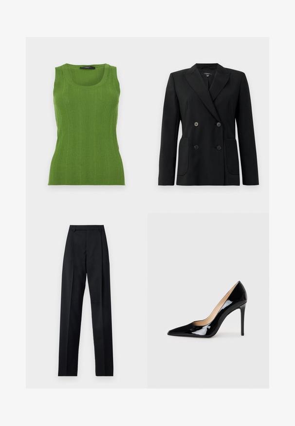 Zwarte dubbelgebreide blazer van gestructureerde stof, met notch revers, twee voord pockets en vier zwarte knopen.; Groene geribde tanktop met een ronde halslijn en brede schouderbanden. Gemaakt van een gestructureerde gebreide stof. De aansluitende pasvorm benadrukt de silhouet.; Zwarte broek gemaakt van gladde stof met een hoge taille, wijde benen, voorplooien en klassieke ceintuurlussen. Geen zijzakken zichtbaar.; Zwarte lakleren hoge hakpumps met een puntige neus en een slanke silhouet. Heeft een gladde, glanzende afwerking en een slanke stilettohak.