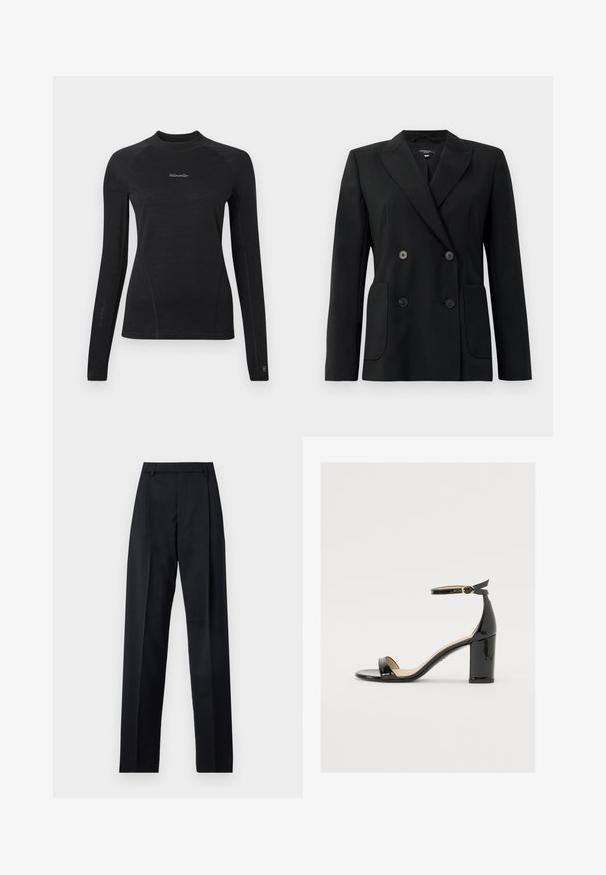 Zwarte dubbelgebreide blazer van gestructureerde stof, met notch revers, twee voord pockets en vier zwarte knopen.; Zwart nauwsluitend shirt met lange mouwen, ronde hals en het "Woolxweiler"-logo gecentreerd op de borst.; Zwarte broek gemaakt van gladde stof met een hoge taille, wijde benen, voorplooien en klassieke ceintuurlussen. Geen zijzakken zichtbaar.; Zwarte lakleren sandaal met een brede hak, open teen en enkelbandje met een gouden gesp. Zachte textuur en strak ontwerp.