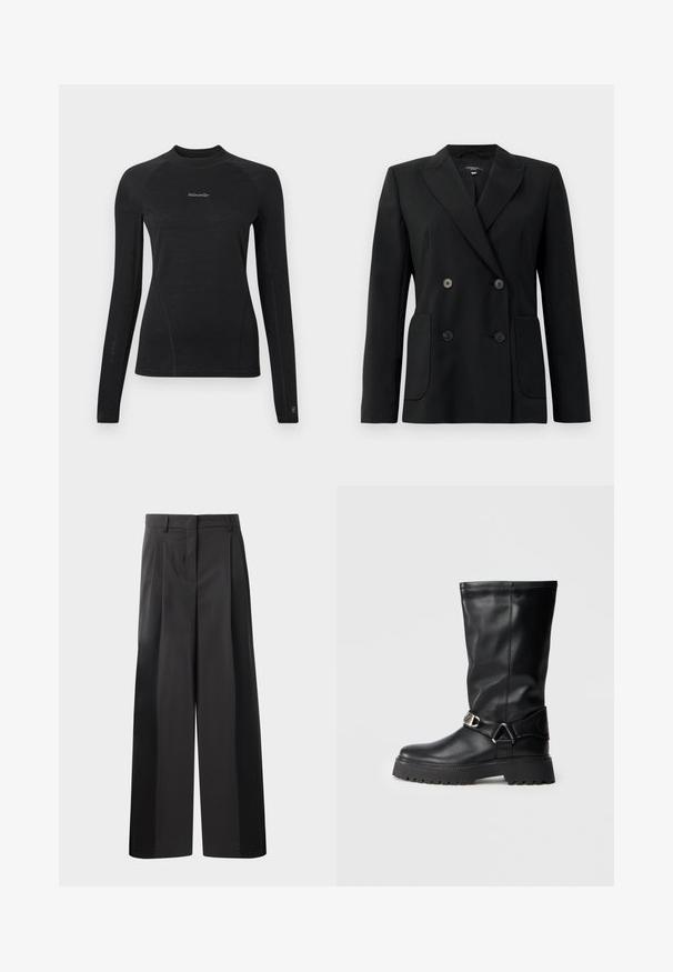 Blazer preto de dupla face feito de tecido estruturado, apresentando lapelas com corte em notch, dois bolsos frontais e quatro botões pretos.; Camisola preta de manga comprida ajustada com gola redonda e logótipo "Woolxweiler" no centro do peito.; Calças largas pretas com cintura alta, apresentando pregas frontais, uma textura suave e um acabamento cuidado. Desenvolvidas para um ajuste relaxado.; Botas pretas até ao joelho, feitas de couro liso, com um detalhe de fivela de lado e uma sola espessa e texturizada para melhor aderência.
