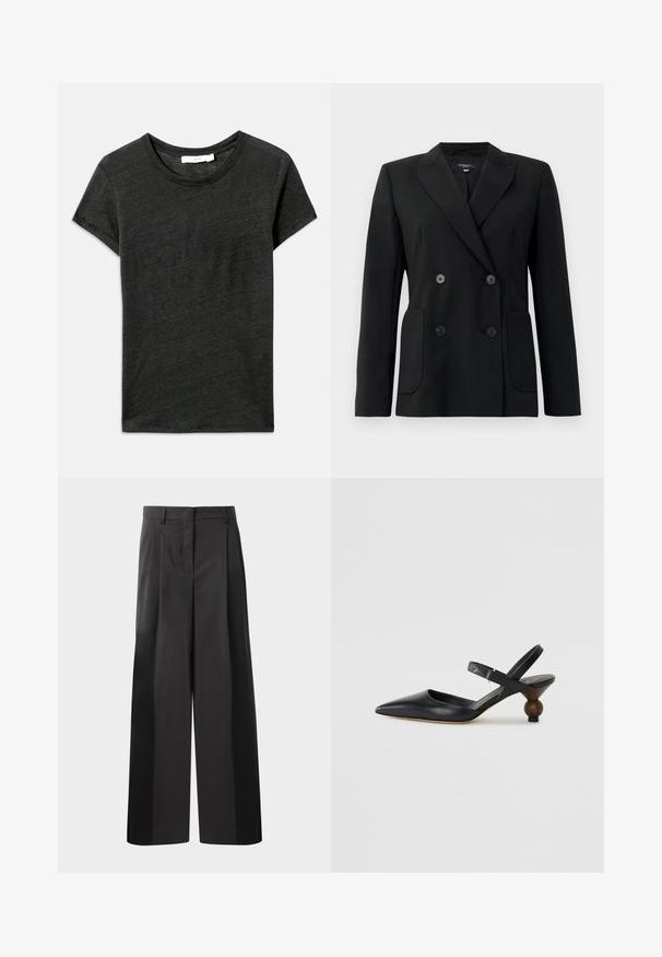 Čierny dvojradový blejzer vyrobený z pevnej látky, s klopami, dvoma prednými vreckami a štyrmi čiernymi gombíkmi.; Tmavošedé tričko s krátkym rukávom, s okrúhlym výstrihom, vyrobené z mäkkého, textúrovaného materiálu s voľným strihom. Bez viditeľných vzorov alebo kovových detailov.; Čierne široké nohavice s vysokým pásom, so záhybmi vpredu, hladkou textúrou a prispôsobeným strihom. Navrhnuté pre uvoľnený strih.; Čierna kožená slingback obuv s špicatou špičkou, zakriveným dizajnom a okrúhlou drevokatou pätou. Obsahuje úzky popruh okolo členka.