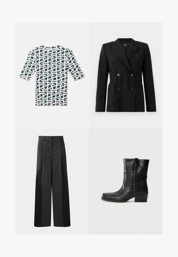 Juodas dvigubas švarkas, pagamintas iš struktūruotos medžiagos, su išpjautomis atlapomis, dviem priekinėmis kišenėmis ir taisyklingais juodais mygtukais.; Baltos spalvos trijų ketvirčių ilgio marškiniai su žaliu abstrakčiu raštu. Apvalus iškirpimas, medvilnės medžiaga ir siūti kraštai.; Juodos plačios kelnės su aukštu liemeniu, su priekinėmis raukšlėmis, glotnia tekstūra ir pritaikytu apdailos stiliumi. Sukurtos laisvam sėdėjimui.; Juodi odiniai aulinukai iki kulkšnies su apvali nosimi, blokuotais kulnais, šonine užtrauktuku ir siuvimo akcentais ant viršutinės dalies. Lygi tekstūra, klasikinis dizainas.