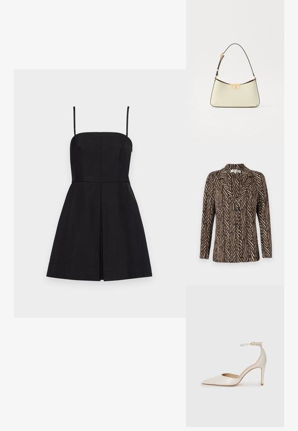 Diane von Furstenberg JACKET - Žakete - brown; Melnas bezpiedurkņu kleitas ar taisnu bodici, pieguļošu vidukli un A formas svārkiem, kuriem ir smalka priekšējā krokotā daļa un regulējamas siksnas.; Baltas ādas augstpapēžu kurpes ar smailu purngala daļu, potītes siksniņu un šauru stiletto papēdi. Gluda tekstūra ar smalku spīdumu.; Kriemeļkrāsas ādas rokassoma ar izliekta formas dizainu. Iespējo zelta toņa logotipa uzsvars un plāna, regulējama tumša siksna.