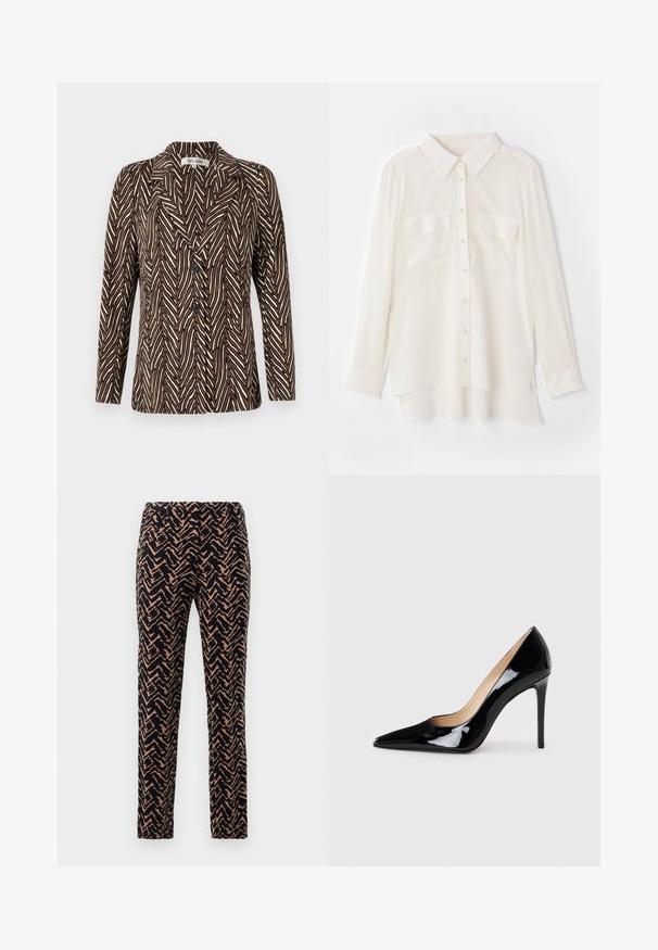 Diane von Furstenberg - Żakiet; Biała koszula zapinana na guziki wykonana z lekkiego materiału. Posiada klasyczny kołnierzyk, dwie kieszenie na piersiach oraz nieco dłuższy tylny brzeg.; Spodnie slim-fit w wzór zygzak, w kolorach granatowym i jasnobrązowym, charakteryzujące się gładką strukturą i standardowym paskiem.; Czarne, lakierowane szpilki z ostrym noskiem i smukłą sylwetką. Charakteryzują się gładkim, błyszczącym wykończeniem oraz cienkim obcasem w stylu stiletto.