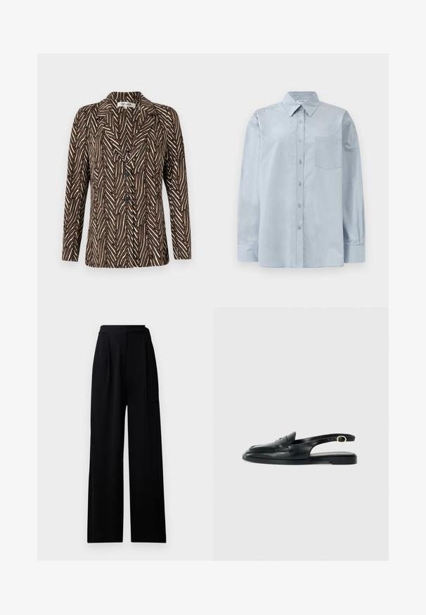 Diane von Furstenberg - Żakiet; Jasnoniebieska, długosleeve koszula z guzikami, z wywijanym kołnierzykiem i kieszonką na piersi, leżąca na białym tle.; Czarne szerokie spodnie wykonane z miękkiego materiału, posiadające wysoki pas i dopasowany pasek do przewiązywania, o gładkiej strukturze i bez widocznych wzorów.; Czarne skórzane buty typu slingback z okrągłym noskiem, płaską podeszwą, bocznym wycięciem i paskiem z detalem w złotym odcieniu.
