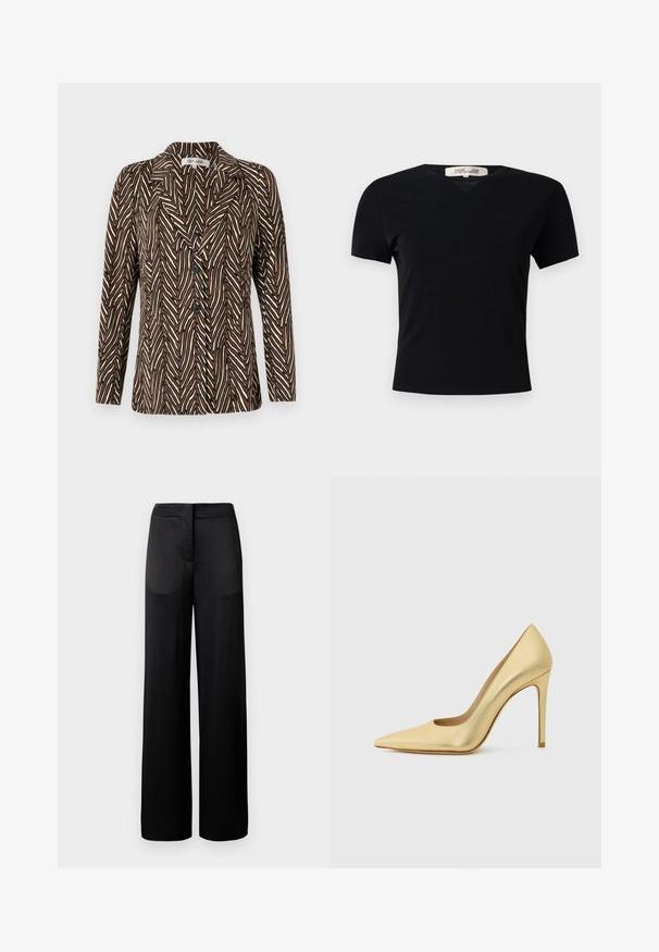 Diane von Furstenberg - Żakiet; Czarny t-shirt z krótkim rękawem w kształcie litery V, wykonany z gładkiego, elastycznego materiału. Posiada prostą, klasyczną sylwetkę bez zdobień.; Szerokie czarne spodnie z teksturowanej tkaniny, z płaskim pasem i dwoma kieszeniami po bokach. Materiał wydaje się lekki i zwiewny.; Złote metaliczne szpilki z ostrym noskiem i obcasem typu stiletto, prezentowane z boku na jednolitym jasnym tle.