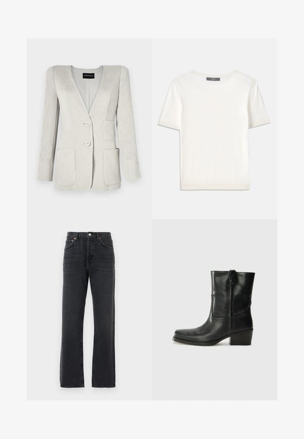 Svijetlo siva kordura blejzer s dubokim V-izrezom, dva prednja džepa i dva gumba. Ima teksturiranu površinu i strukturirane ramene.; Bijela kratkotrajna pletena majica s kratkim rukavima i okruglim izrezom, koja se odlikuje glatkom teksturom i suptilnim rebrastim detaljima na rukavima i rubu.; Crne farmerke ravnog kroja od denima s pet džepova, zatvaranjem na dugme i petljama za remen, prikazane na bijeloj pozadini.; Crne kožne čizme do članaka s okruglim vrhom, blok potpeticom, bočnim patentnim zatvaračem i detaljima od šavova na gornjem dijelu. Glatka tekstura, klasičan dizajn.