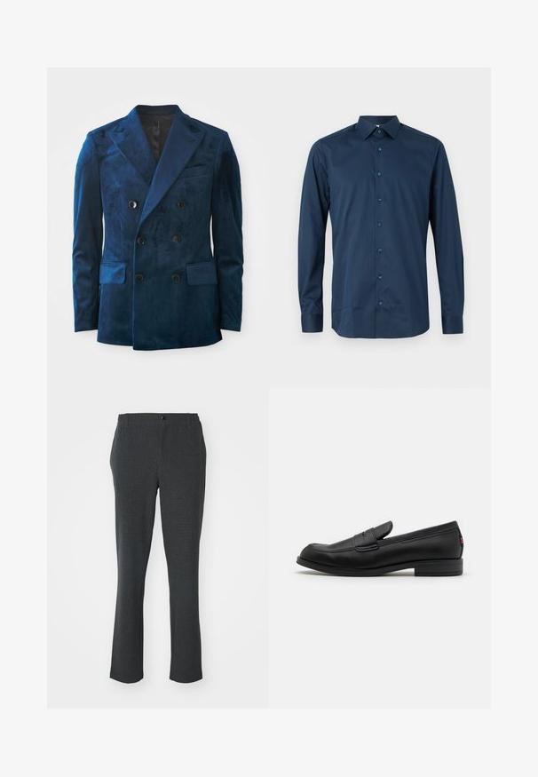 Blazer doppiopetto in velluto blu profondo. Caratterizzato da bottoni neri, rever a lancia e due tasche frontali con una consistenza morbida.; Camicia blu navy a maniche lunghe con bottoni, realizzata in tessuto morbido. Presenta un colletto standard, una patta frontale con bottoni coordinati e maniche con polsini.; Pantaloni grigi scuri realizzati in tessuto testurizzato; design a gamba dritta con bottone frontale e tasche laterali discrete.; Mocassini in pelle nera con finitura liscia, punta arrotondata e una piccola pattina decorativa. Presentano un tacco basso e impilato e un sottile dettaglio di branding.