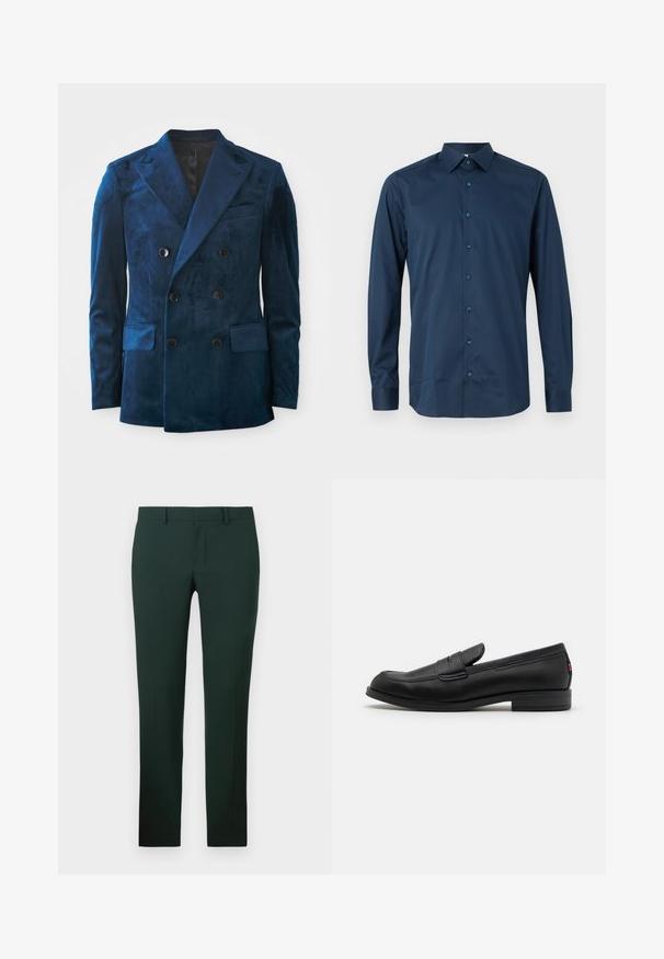 Διπλόπουλο σακάκι από βαμβακερό βελούδο σε σκούρο μπλε χρώμα. Διαθέτει μαύρα κουμπιά, μπαλαντέζες και δύο μπροστινές τσέπες με απαλή υφή.; Ναυτικό μπλε μακρυμάνικο πουκάμισο με κουμπιά, κατασκευασμένο από απαλό ύφασμα. Διαθέτει κανονικό γιακά, μπροστινή πλάκα με ταιριαστά κουμπιά και μανίκια με κουμπώματα.; Σκούρο πράσινο παντελόνι με κατευθείαν γραμμή, κατασκευασμένο από λεία ύφασμα. Διαθέτει επίπεδο μπροστινό μέρος και κανονική μέση με θηλιές για ζώνη.; Μαύρα δερμάτινα λοφράκια με απαλή επιφάνεια, στρογγυλή μύτη και μικρό διακοσμητικό καπάκι. Διαθέτουν χαμηλό ψηλό τακούνι και διακριτική λεπτομέρεια σήμανσης.