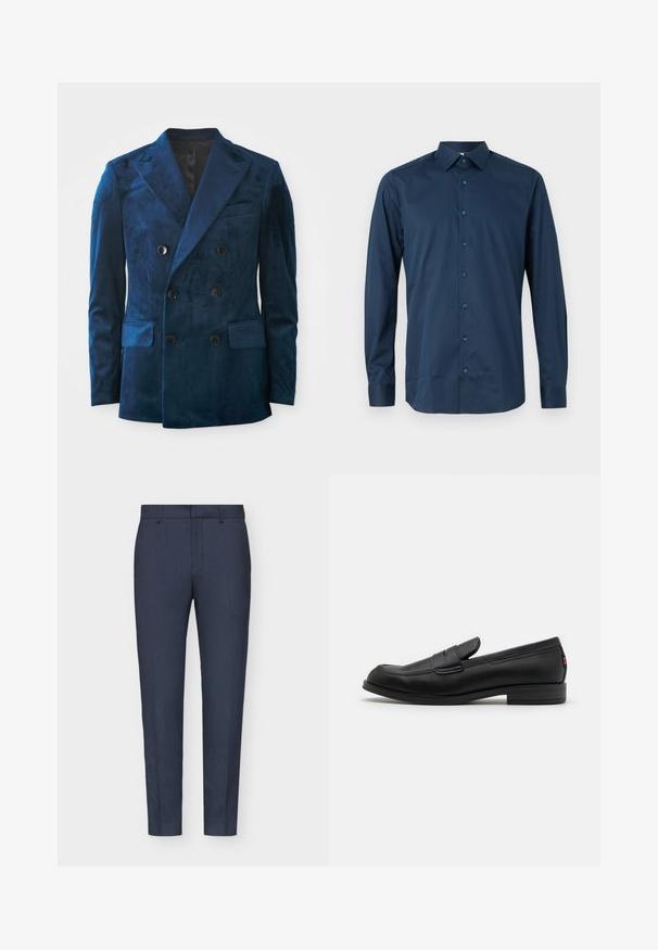 Sügavsinine sametist topeltkinnitatud bleiser. Omab musti nuppe, sakilise kaeluse kujundust ja kahte esifrakti taskut pehme tekstuuriga.; Tumesinine pika varrukaga nööpidega särk, mis on valmistatud sileda kangaga. Omab standardset kraed, esistabiilset nööpide rida ja mansettidega varrukaid.; Tumed sinine kohandatud püksid sileda tekstuuriga, kitsas lõige, keskridv ja vöörihmadega. Kanga pinnal on peen kudumismuster.; Mustad mustad nahast loaferid siledast viimistlusest, ümmargune nina ja väike dekoratiivne klapp. Omab madalat kokkupandud kontsa ja diskreetset brändingut.