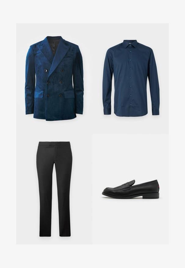 Sötétkék bársonyból készült, dupla soros blézer. Fekete gombokkal, kifordított gallérral és két elülső zsebbel rendelkezik, amely puha tapintású.; Sötétkék, hosszú ujjú, gombos ing, sima anyagból készült. Standard garbóval, elöl gombolással és azonos színű gombokkal, valamint mandzsettás ujjakkal rendelkezik.; Fekete egyenes szárú nadrág sima anyagból, lapos elülső résszel, látható zsebek nélkül és letisztult derékpánttal.; Fekete bőr loafer cipők sima felülettel, lekerekített orral és egy kis díszes hajtókával. Alacsony, rakott sarkú és diszkrét márkázási részletekkel rendelkezik.
