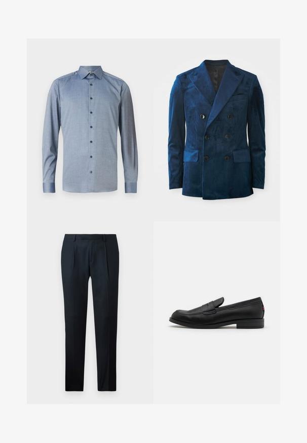 Double-breasted blazer in deep blue velvet. Features black buttons, notch lapels, and two front pockets with a soft texture.; Light blue long-sleeve shirt with a subtle pattern, collar, full button front, and dark blue buttons. Smooth fabric texture.; Black tailored pants made of smooth fabric, featuring a slim fit design, two front pleats, and a flat waistband without visible hardware.; Black leather loafers with a smooth finish, rounded toe, and a small decorative flap. Features a low stacked heel and subtle branding detail.