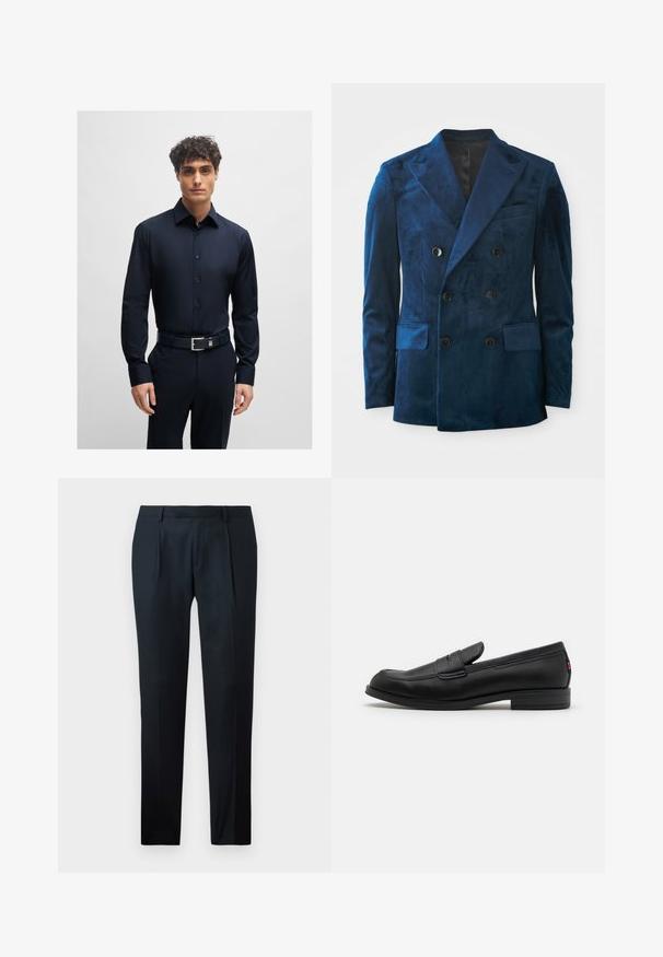 Dubbelzijdige blazer in diepblauw fluweel. Heeft zwarte knopen, notch-revers en twee voorzakken met een zachte textuur.; Navyblauwe overhemd met een button-down kraag, lange mouwen en een slim fit. Gladde stof met een subtiele glans en bijpassende blauwe knopen.; Zwarte geklede broek van gladde stof, met een slim fit ontwerp, twee plooien aan de voorkant en een vlakke tailleband zonder zichtbare beslag.; Zwarte leren instappers met een gladde afwerking, ronde neus en een kleine decoratieve flap. Heeft een lage gestapelde hak en een subtiel merkteken.