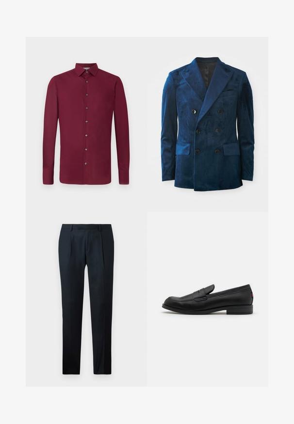 Podwójnie zapięta marynarka w głębokim niebieskim aksamicie. Posiada czarne guziki, klapy notch oraz dwie przednie kieszenie o miękkiej fakturze.; Bordowa koszula z długim rękawem, z zapinaniem na guziki z przodu, kołnierzykiem i mankietami na guziki. Gładki materiał o jednolitym kolorze, bez wzorów.; Czarne spodnie o dopasowanym kroju, wykonane z gładkiego materiału, z wąskim fasonem, dwoma fałdami z przodu i płaskim pasem bez widocznych elementów hardware.; Czarne skórzane loafersy o gładkim wykończeniu, zaokrąglonym czubku i małym dekoracyjnym klapku. Posiadają niską, warstwową podeszwę oraz subtelny detal z brandingiem.
