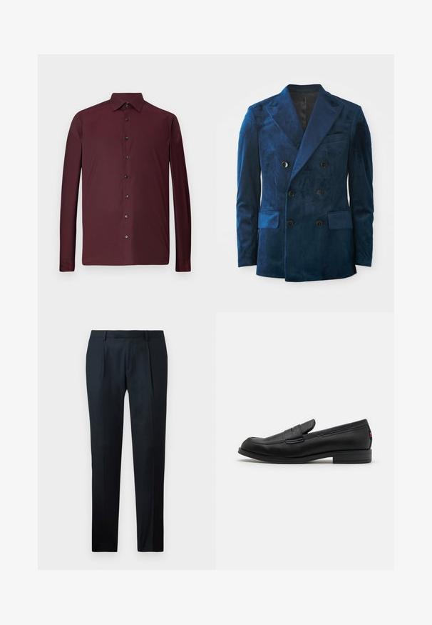 Dobbeltspent blazer i dyp blå sammet. Har svarte knapper, vanlig krage og to frontlommer med en myk tekstur.; Burgunderfarget langermet skjorte i teksturert stoff, med kragehals og svarte knapper foran, samt stramme mansjetter.; Sorte skreddersydde bukser laget av glatt stoff, med en slim fit-design, to frontfolder og en flat midje uten synlig maskinvare.; Sorte lærlofter med en glat overflade, rund tå og en lille dekorativ flap. Har en lav stablet hæl og diskret brandingdetalje.