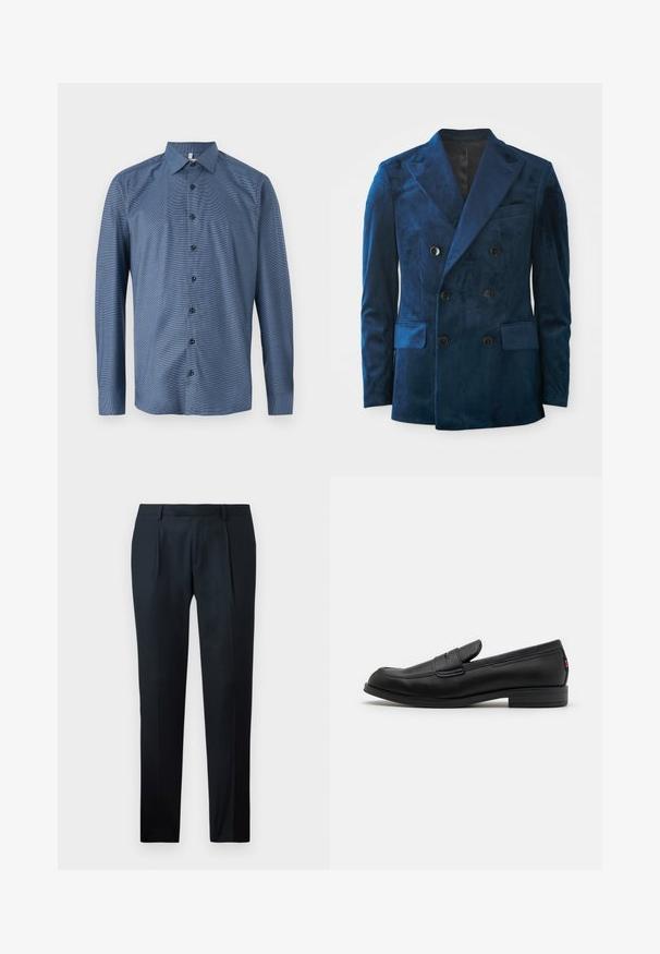 Blazer doppiopetto in velluto blu profondo. Caratterizzato da bottoni neri, rever a lancia e due tasche frontali con una consistenza morbida.; Camicia blu a maniche lunghe realizzata in tessuto testurizzato, con chiusura a bottoni anteriori in nero e un colletto classico. Motivo a righe diagonali sottile.; Pantaloni neri su misura realizzati in tessuto liscio, con un design slim fit, due pince frontali e una cintura piatta senza hardware visibile.; Mocassini in pelle nera con finitura liscia, punta arrotondata e una piccola pattina decorativa. Presentano un tacco basso e impilato e un sottile dettaglio di branding.