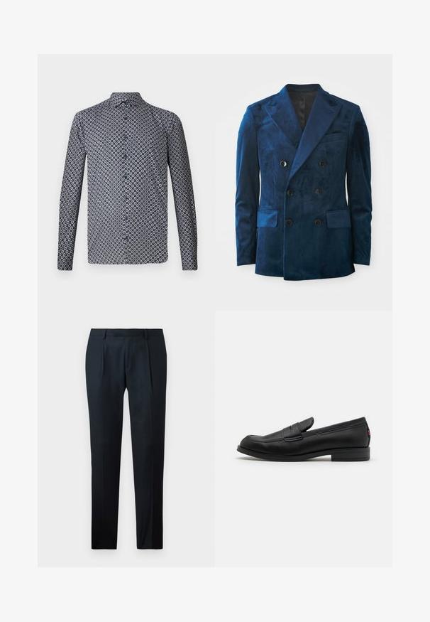 Dobbeltbrystet blazer i dybblå fløjl. Har sorte knapper, klapkrave og to frontlommer med en blød tekstur.; Langærmet skjorte med knapper i mørk navy med et gentaget hvidt blomstermønster. Har en spids krave og frontknapper. Glat stoftekstur.; Sorte skræddersyede bukser lavet af glat stof, med et slankt snit, to forkert vafler og en flad talje uden synligt hardware.; Sorte læder loafers med en glat finish, rund tå og en lille dekorativ flap. Har en lav stablet hæl og en subtil brandingdetalje.