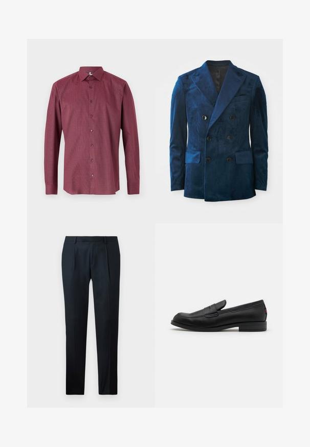 Dvojřadý blazer v tmavě modrém sametu. Obsahuje černé knoflíky, klopové límce a dvě přední kapsy s jemnou texturou.; Bordová košile s dlouhým rukávem a jemným kostkovaným vzorem, s límečkem na knoflíky a předním zapínáním na knoflíky. Vyrobena z hladké, lehké látky.; Černé kalhoty na míru vyrobené z hladké tkaniny, s úzkým střihem, dvěma předními záhyby a plochým pasem bez viditelného kování.; Černé kožené mokasíny s hladkým povrchem, kulatou špičkou a malým dekorativním klopou. Mají nízký stočený podpatek a decentní branding.