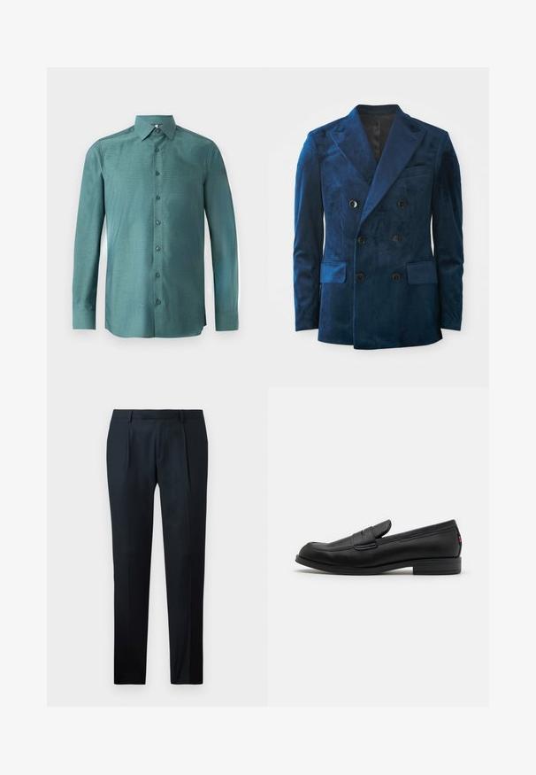 Dobbeltbrystet blazer i dybblå fløjl. Har sorte knapper, klapkrave og to frontlommer med en blød tekstur.; Langærmet skjorte i teal stof med en struktureret vævning, knaplukning foran, spidse kraver og matchende knapper. Let tætsiddende design.; Sorte skræddersyede bukser lavet af glat stof, med et slankt snit, to forkert vafler og en flad talje uden synligt hardware.; Sorte læder loafers med en glat finish, rund tå og en lille dekorativ flap. Har en lav stablet hæl og en subtil brandingdetalje.