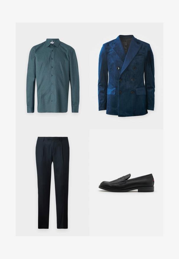 Dvojradový blejzer v tmavomodrom zamatovom materiáli. Má čierne gombíky, klopové výstrihy a dve predné vrecká s jemnou textúrou.; Tmavozelená košeľa na gombíky z textúrovaného materiálu, s klasickým golierom, dlhými rukávmi a vzorovanými detailami s čiernymi gombíkmi.; Čierne nohavice s upraveným strihom vyrobené z hladkej tkaniny, s úzkym strihom, dvoma prednými skladmi a plochým pásom bez viditeľného hardvéru.; Čierne kožené loafers s hladkým povrchom, zaoblenou špičkou a malým dekoratívnym klapom. Vlastnosti zahŕňajú nízky vrstvený podpätok a decentný branding.