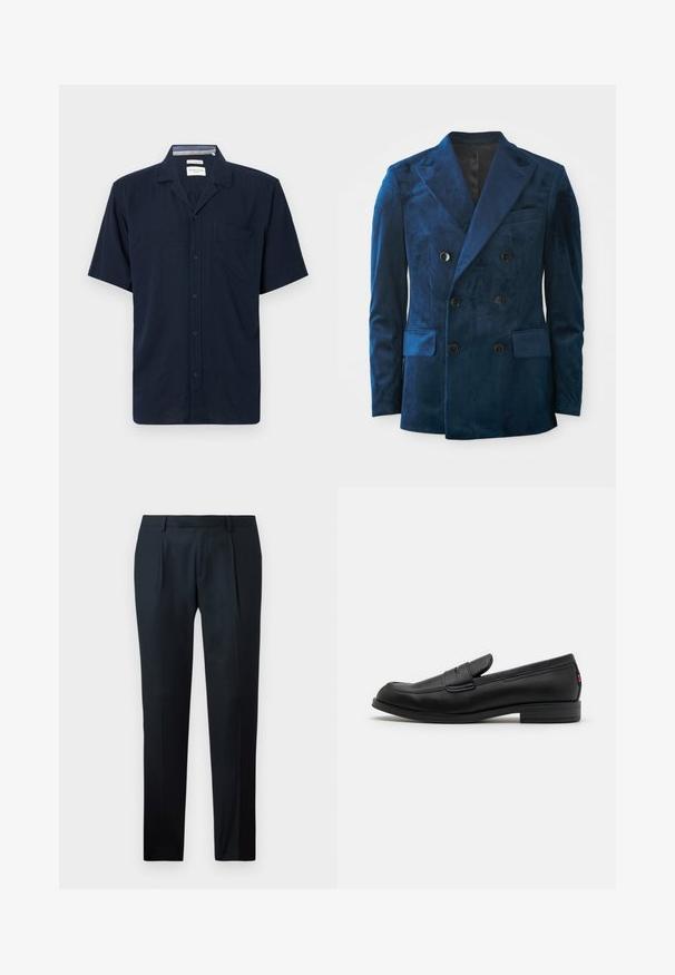 Dvojvratni blazer iz temno modrega žameta. Ima črne gumbe, oglate reverje in dve sprednji žepek z mehkobo teksturo.; Kratek rokav srajce v temno modrem materialu, s ovratnikom, sprednjim gumbom in enim žepom na levi strani.; Črne krojene hlače iz gladkega materiala, s slim fit obliko, dvema sprednjima naborkoma in ravnim pasom brez vidnih kovinskih delov.; Črne usnjene mokasine z gladko površino, zaobljenim nosom in majhnim okrasnim preklopom. Imajo nizek zložen peto in subtilen detajl blagovne znamke.