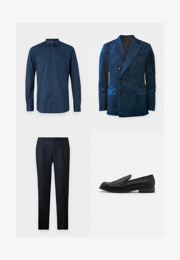 Double-breasted blazer in deep blue velvet. Features black buttons, notch lapels, and two front pockets with a soft texture.; Navy blue long-sleeve button-up shirt made of smooth fabric. Features a standard collar, front placket with matching buttons, and cuffed sleeves.; Black tailored pants made of smooth fabric, featuring a slim fit design, two front pleats, and a flat waistband without visible hardware.; Black leather loafers with a smooth finish, rounded toe, and a small decorative flap. Features a low stacked heel and subtle branding detail.