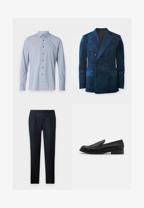 Blazer doppiopetto in velluto blu profondo. Caratterizzato da bottoni neri, rever a lancia e due tasche frontali con una consistenza morbida.; Camicia a maniche lunghe azzurro chiaro con motivo geometrico, colletto button-down e bottoni blu a contrasto su un tessuto testurizzato.; Pantaloni neri su misura realizzati in tessuto liscio, con un design slim fit, due pince frontali e una cintura piatta senza hardware visibile.; Mocassini in pelle nera con finitura liscia, punta arrotondata e una piccola pattina decorativa. Presentano un tacco basso e impilato e un sottile dettaglio di branding.
