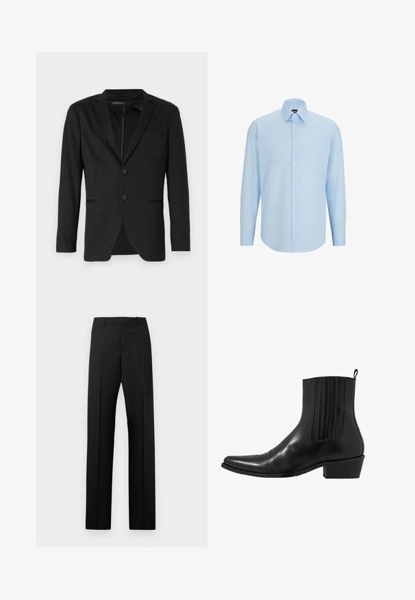 Must värviline jakk, millel on slim-fit lõige, kahe nupuga, krooneklappid ja küljetaskud. Valmistatud siledast kangast, millel on kerge tekstuur.; Hele sinine pikkade varrukatega kleidisärk, mis on valmistatud siledast kangast, millel on nööpidega eesmine osa, terav kaelus ja tavaline lõige.; Mustad kõrge vöökohaga sirge lõikega püksid koos vööaasade ja pressitud voltidega, valgel taustal.; Must musta rinnatooted, millel on terav varvas, elastsed külgpaneelid, vertikaalsed õmblused ning madal blokknähtav.