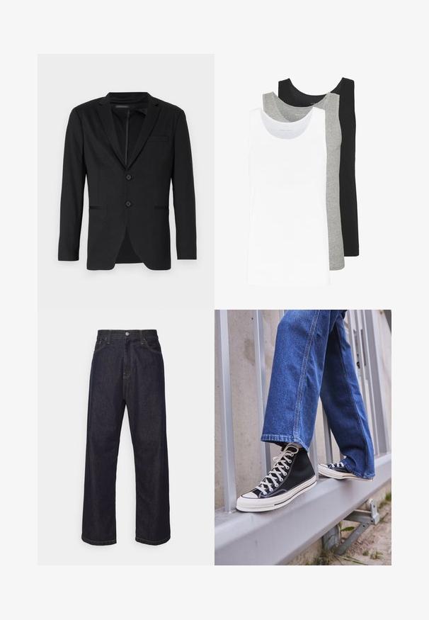 Czarna marynarka o dopasowanym kroju, z dwoma guzikami, klapami na notcha i bocznymi kieszeniami. Wykonana z gładkiego materiału o subtelnej fakturze.; Trzy topy na ramiączkach w kolorze białym, szarym i czarnym. Każdy z nich ma klasyczny bezrękawnikowy fason, wykonany z lekkiej bawełnianej tkaniny z prążkowaną teksturą.; Ciemnoniebieskie dżinsy o prostym kroju z żółtym haftem, z przodu guzik, zamek błyskawiczny i pięć kieszeni.; Czarne sneakersy za kostkę z białą podeszwą i sznurówkami, w połączeniu z luźnymi niebieskimi dżinsami, opierające się na szarym balustradzie.