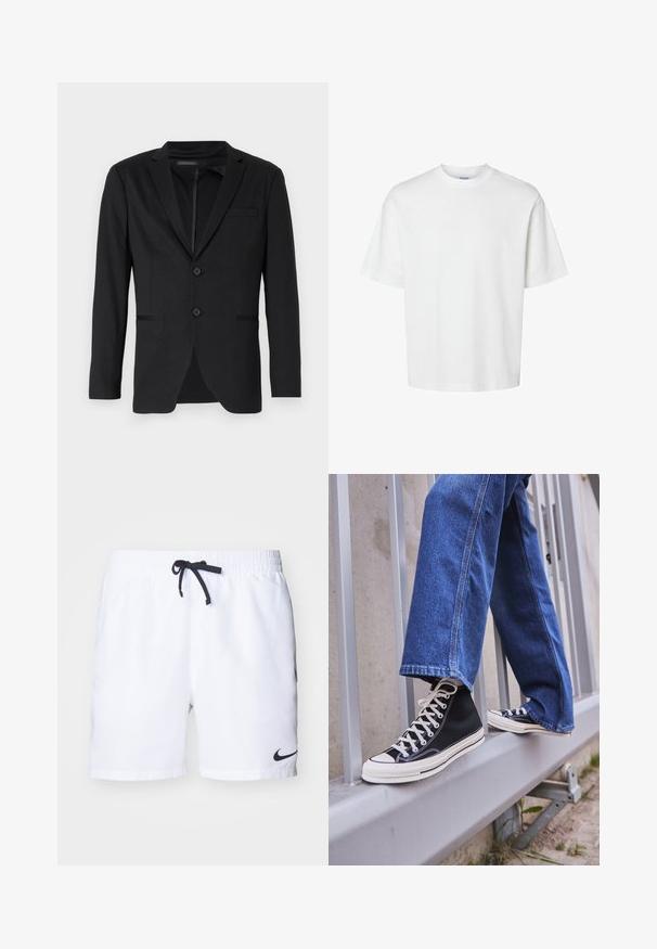 Juodas švarkas, prigludęs prie kūno, su dviem mygtukais, notch tipo apykakle ir šoninėmis kišenėmis. Pagamintas iš lygaus audinio su subtiliu tekstūru.; Balta medvilninė marškinė su trumpomis rankovėmis, apvaliu iškirpimu ir laisvu siluetu. Lygus paviršius be matomų raštų ar akcentų.; Balti sportiniai šortai su elastinga juosmena, juoda virvele ir juodu Nike logotipu apatinėje pusėje. Lygi, lengva medžiaga.; Juodi aukšti sportiniai bateliai su baltu padu ir raišteliais, derinami su laisvai krentančiais mėlynais džinsais, atremti į pilką turėklą.