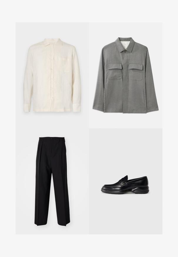 Giacca grigia su misura realizzata in tessuto testurizzato, con chiusura a bottoni, collo a punta e due tasche sul petto. Design classico a taglio dritto.; Camicia di lino color crema con chiusura a bottoni, maniche lunghe e taschino sul petto. Presenta un colletto classico e una texture leggera.; Pantaloni neri a pieghe con un design dritto e gamba larga. Realizzati in tessuto morbido, con chiusura a bottone e passanti per cintura.; Mocassini in pelle nera con una suola in gomma testurizzata bassa e un design cucito sulla parte superiore. Presentano un punta arrotondata e decorazioni minime.