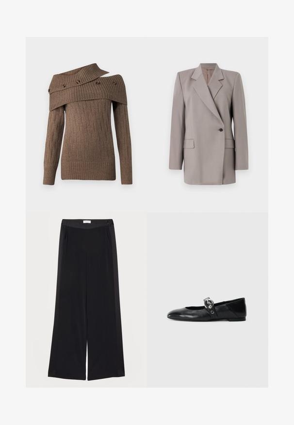 Tiger of Sweden ELIWIRAA - Blejzer - mole; Hnedý pletený sveter s asymetrickým dizajnom, rebrovanou textúrou a dekoračnými gombíkmi na širokom golieri, s dlhými rukávmi.; Široké čierne nohavice vyrobené z hladkej tkaniny, s plochým pásom, skladmi a bočnými vreckami. Čisté línie s minimálnymi detailmi.; Čierne kožené baletky s špicatou špičkou, so pásikom s okrúhlou kovovou sponou a plochou podrážkou.