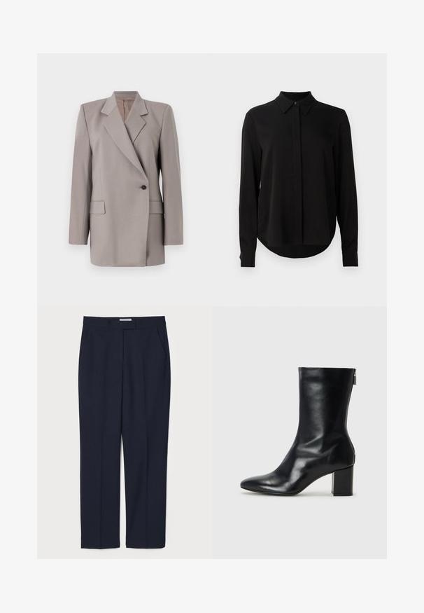 Tiger of Sweden ELIWIRAA - Blazer - mole; Black long-sleeve blouse with pointed collar, concealed button placket, and curved hem against a plain white background.; Navy blue tailored trousers made from a smooth fabric, featuring a flat front, side pockets, and a structured waistband.; Black leather ankle boot with a pointed toe and 4 cm block heel. Sleek design features a side zipper for easy wear. Smooth texture.