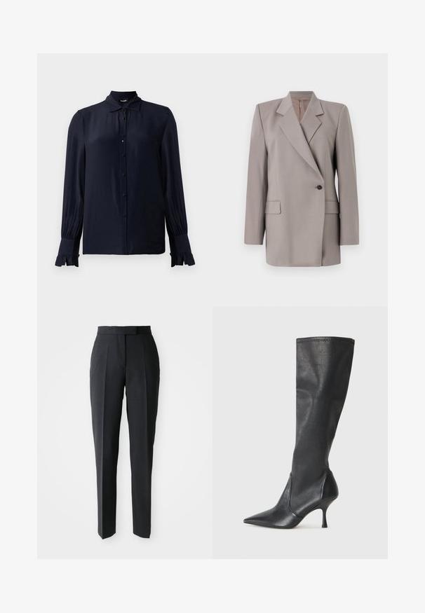 Tiger of Sweden ELIWIRAA - Blazer - mole; Blusa blu navy realizzata in tessuto liscio, con colletto a punta, apertura frontale con bottoni e polsini arricciati. Maniche lunghe con leggero arricciamento.; Pantaloni neri su misura a gamba dritta con vita alta e pieghe frontali, esposti su uno sfondo chiaro e uniforme.; Stivali neri in pelle al ginocchio con punta affusolata e tacco a stiletto sottile. Texture liscia con design aderente e cuciture lungo il bordo superiore.