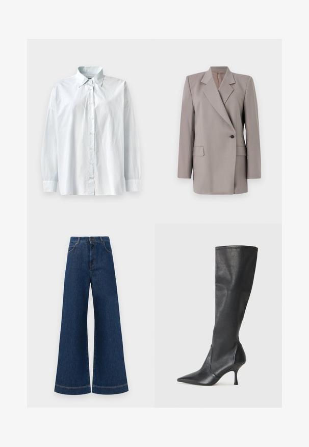 Tiger of Sweden ELIWIRAA - Blazer - mole; Himmelblaues Button-Down-Hemd mit klassischem Kragen, langen Ärmeln und lockerer Passform. Hergestellt aus einem glatten Stoff mit leichtem Glanz.; Weite blaue Jeans aus Denim mit hoher Taille, ausgestattet mit einem Knopfverschluss, Gürtelschlaufen und dezenten Stichdetails an den Taschen und Säumen.; Knöchelhoche schwarze Lederstiefel mit einer spitzen Zehe und einem schlanken Stiletto-Blockabsatz. Glatte Textur mit einer enganliegenden Passform und Nähten am oberen Rand.