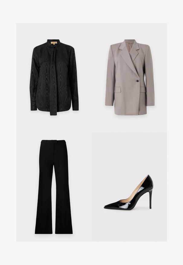 Tiger of Sweden ELIWIRAA - Bleizeris - mole; Juoda bluzonė, pagaminta iš lygios medžiagos, su subtiliu toniniu raštu, ilgomis rankovėmis, aukštu apykakle ir raišteliu, kuris užsisega ant kaklo.; Juodos platėjančios kelnės su lygiu paviršiumi, pritaikyta juosmeniu ir priekinių kišenių dizainu, sukurtos su modernia, elegantiška siluetu.; Juodas lakinės odos aukštakulnis batelis su smailiu priekiu ir elegantiška siluetu. Pasižymi lygiu, blizgiu paviršiumi ir siauru stiletto kulnu.