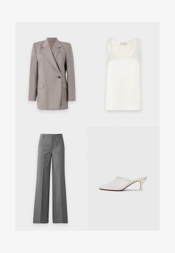 Tiger of Sweden ELIWIRAA - Blejzer - mole; Biele saténové bezrukávové tielko s kruhovým výstrihom a hladkým povrchom, s jemným leskom a čistými okrajmi.; Šedé široké nohavice z textúrovaného materiálu. Má predné záhyby, priliehavý pás a lesklý povrch, ideálne pre formálne prostredie.; Biele sieťované lodičky s špicatou špičkou, s úzkym stredne vysokým podpätkom a bez zapínania, na jednobodovom pozadí.