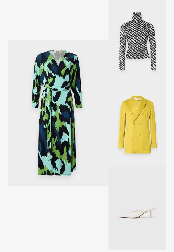Dvoredni sako u jarko žutoj boji, izrađen od glatkog tkanog materijala, ima rever s urezanim okovratnikom, dva prednja džepa i jedan prsni džep.; Haljina s vezivanjem u hrabrom uzorku koji se sastoji od apstraktnih motiva u zelenoj, plavoj i crnoj boji. Izrađena od mekog materijala s dugim rukavima i remenom na vezanje.; Dugi rukav rolka top od prozirnog crnog materijala s ponavljajućim bijelim uzorkom lanca. Prilagođeni kroj s diskretnim naborima u području struka.; Bijele mule sa šiljastim vrhom i niskom stiletto petom. Napravljene su od glatkog materijala s minimalističkim dizajnom i suptilnim bež detaljem na potplatu.