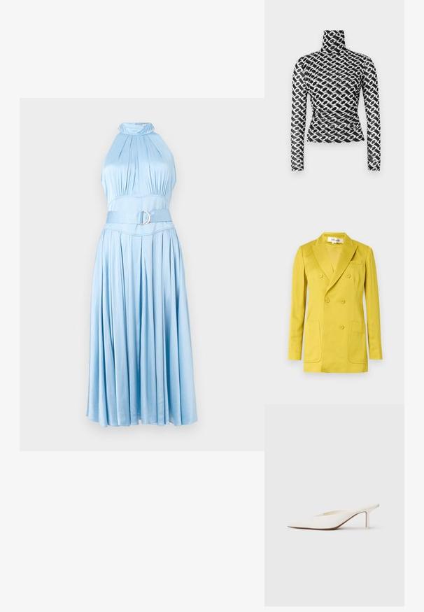 Dvoredni sako u jarko žutoj boji, izrađen od glatkog tkanog materijala, ima rever s urezanim okovratnikom, dva prednja džepa i jedan prsni džep.; Svijetloplava halter haljina od glatke tkanine s pripijenim korzetom, plisiranim suknjom i širokim remenom s okruglom srebrnom kopčom.; Dugi rukav rolka top od prozirnog crnog materijala s ponavljajućim bijelim uzorkom lanca. Prilagođeni kroj s diskretnim naborima u području struka.; Bijele mule sa šiljastim vrhom i niskom stiletto petom. Napravljene su od glatkog materijala s minimalističkim dizajnom i suptilnim bež detaljem na potplatu.