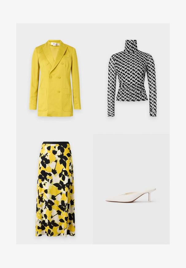 Kakskinnaline kollane bleiser, valmistatud siledast kangast, omadustega sälguga krae, kaks esmast taskut ja üks rinnatasku.; Pikkade varrukatega musta läbipaistva kangaga kõrge kaelusega pluus, millel on korduvvalge kettmustrite mustrid. Vooderdatud lõige, millel on talje piirkonnas peened kogumistega detailid.; Kollane lilleline seelik, millel on mustad ja valged lehekujundused, voolav kangas ja sobiv must vöökoht. A-lõige.; Küünise otstega valge mool, madala stiletto kontsaga. Valmistatud siledast materjalist, minimalistlik disain ja peene pruunikas tallateen.