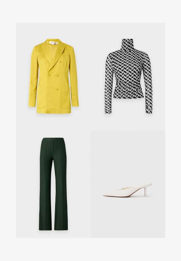 Blazer doppiopetto in giallo brillante, realizzato in tessuto liscio, con revers a incavo, due tasche frontali e una tasca sul petto.; Top a collo alto a maniche lunghe in tessuto nero trasparente con un motivo a catena bianca ripetuto. Design aderente con sottili dettagli arricciati in vita.; Pantaloni verde a zampa con una texture liscia, caratterizzati da vita alta, pieghe frontali e una vestibilità sartoriale che si estende alle caviglie.; Mule bianco a punta con tacco stiletto basso. Realizzato in materiale liscio con un design minimalista e dettagli delicati sulla suola colorato beige.