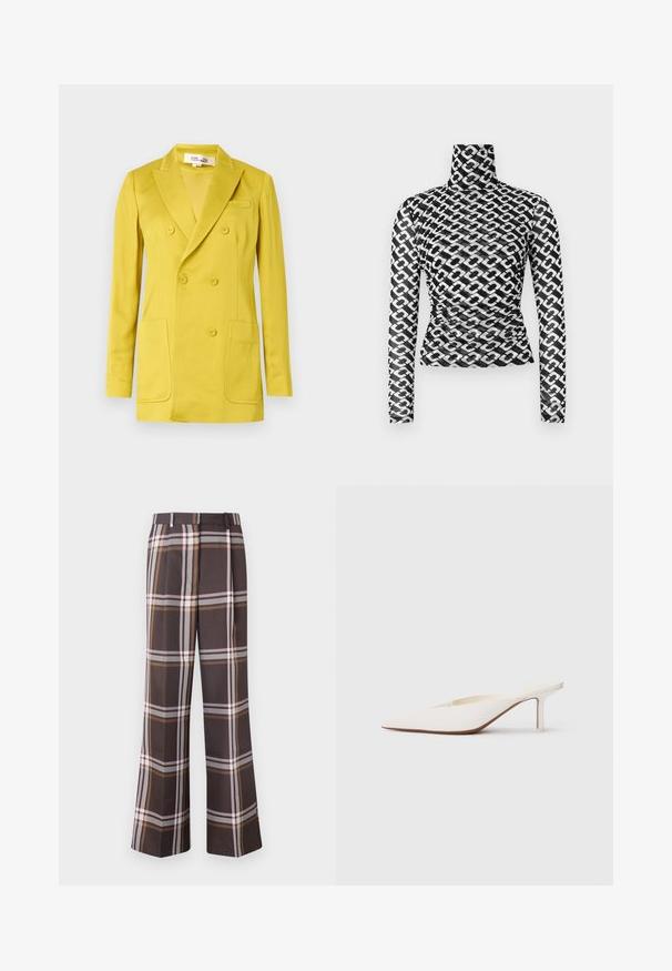 Dvoredni sako u jarko žutoj boji, izrađen od glatkog tkanog materijala, ima rever s urezanim okovratnikom, dva prednja džepa i jedan prsni džep.; Dugi rukav rolka top od prozirnog crnog materijala s ponavljajućim bijelim uzorkom lanca. Prilagođeni kroj s diskretnim naborima u području struka.; Stine Goya FRONT PLEAT LONG STRAIGHT PANTS CASUAL TAILORING - Hlače - dark brown; Bijele mule sa šiljastim vrhom i niskom stiletto petom. Napravljene su od glatkog materijala s minimalističkim dizajnom i suptilnim bež detaljem na potplatu.