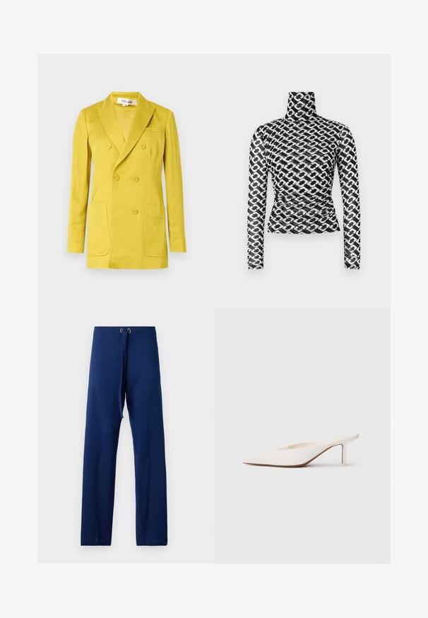 Dvojitě zapínané sako v jasně žluté barvě, vyrobené z hladké látky, s klopami s výřezem, dvěma předními kapsami a jednou náprsní kapsou.; Dlouhý rukáv s rolákem z průhledné černé látky s opakujícím se bílým vzorem řetězu. Přiléhavý střih s jemným řasením v pase.; Tmavě modré kalhoty volného střihu, vyrobené z hladké látky. Obsahují pás na stažení a zlaté očko pro úpravy.; Bílé muly s špičatou špičkou a nízkým jehlovým podpatkem. Vyrobené z hladkého materiálu s minimalistickým designem a jemným detailním pro tanovou podrážku.