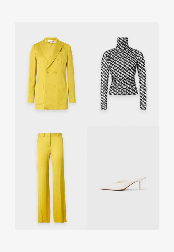 Doppelreihiger Blazer in leuchtendem Gelb aus glattem Stoff mit Revers, zwei Vordertaschen und einer Brusttasche.; Langärmeliges Rollkragenoberteil aus durchscheinendem schwarzem Stoff mit sich wiederholendem weißem Kettenmuster. Eng anliegendes Design mit dezenten Raffungen in der Taille.; Weit geschnittene Hosen in leuchtendem Gelb aus glattem Stoff. Sie verfügen über eine Fronttasche und einen maßgeschneiderten Taillenbund für einen strukturierten Look.; Weißer Mule mit spitzem Zehenbereich und niedrigem Stiletto-Absatz. Hergestellt aus glattem Material mit minimalistischen Design und dezenten, tanfarbenen Sohlenakzenten.